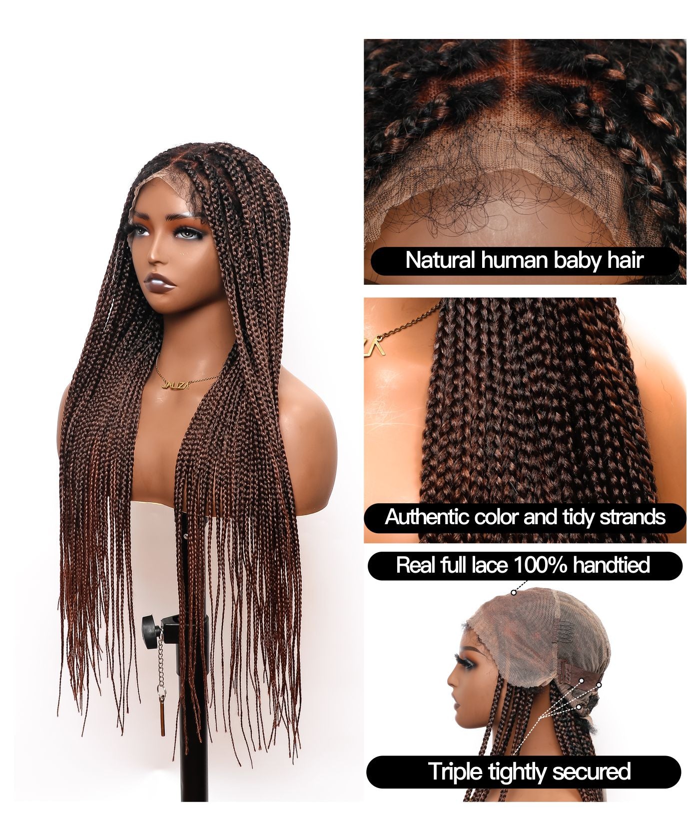 Pre Bleached Full Lace Knotless Human Hair Roots Box Braided Wig -  Human Baby Hair