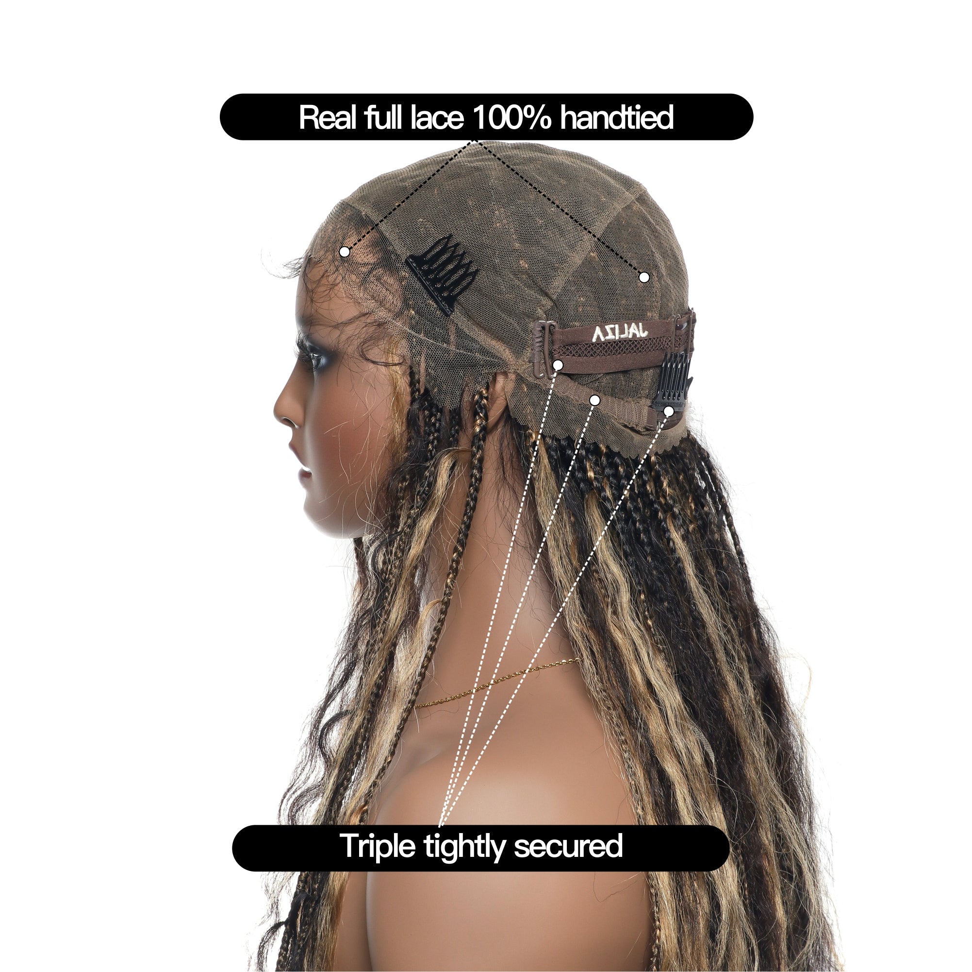 Pre Bleached Human Hair Lace Wet & Wavy Super Style HD Lace Tangleless HD Lace Knotless Boho Box Braided Wig 36" 100 Strands (Made to order, ships in 1-2 weeks)