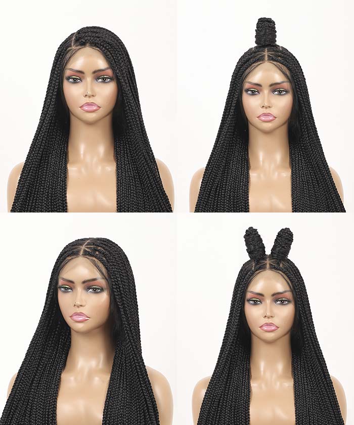 Fancivivi Triangle Medium Knotless Braids with Curls Over Hip-Length 36" Full Hand Tied Lace Box Braided Wig