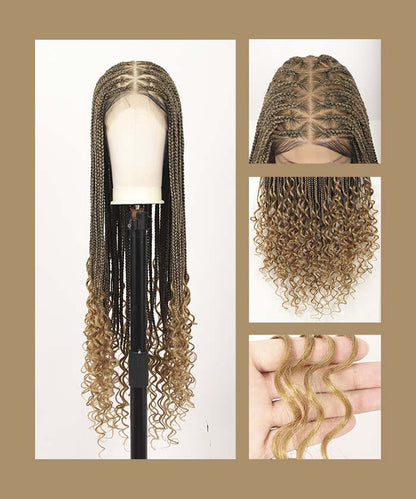 Fancivivi Triangle Medium Knotless Braids with Curls Over Hip-Length 36" Full Hand Tied Lace Box Braided Wig