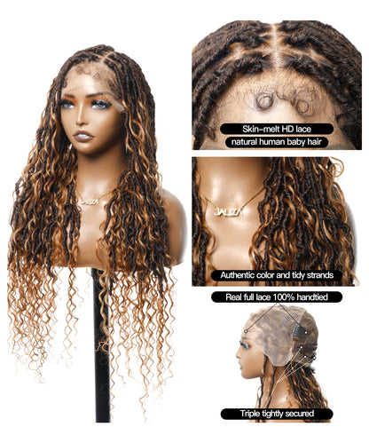 Pre Bleached Human Hair Lace Tangleless Boho Locs Braided Wig 30“ Human Hair Boho Curls