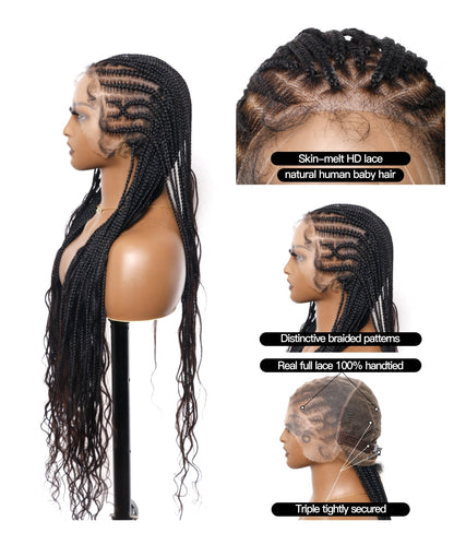 Pre Bleached Box Mix Cornrow Human Hair Boho Curls Tangleless Braided Wig 79 Strands