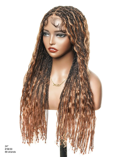 24" Pre Bleached Human Hair Lace Knotless 88 Strands Human Hair Boho Box Braided Wig