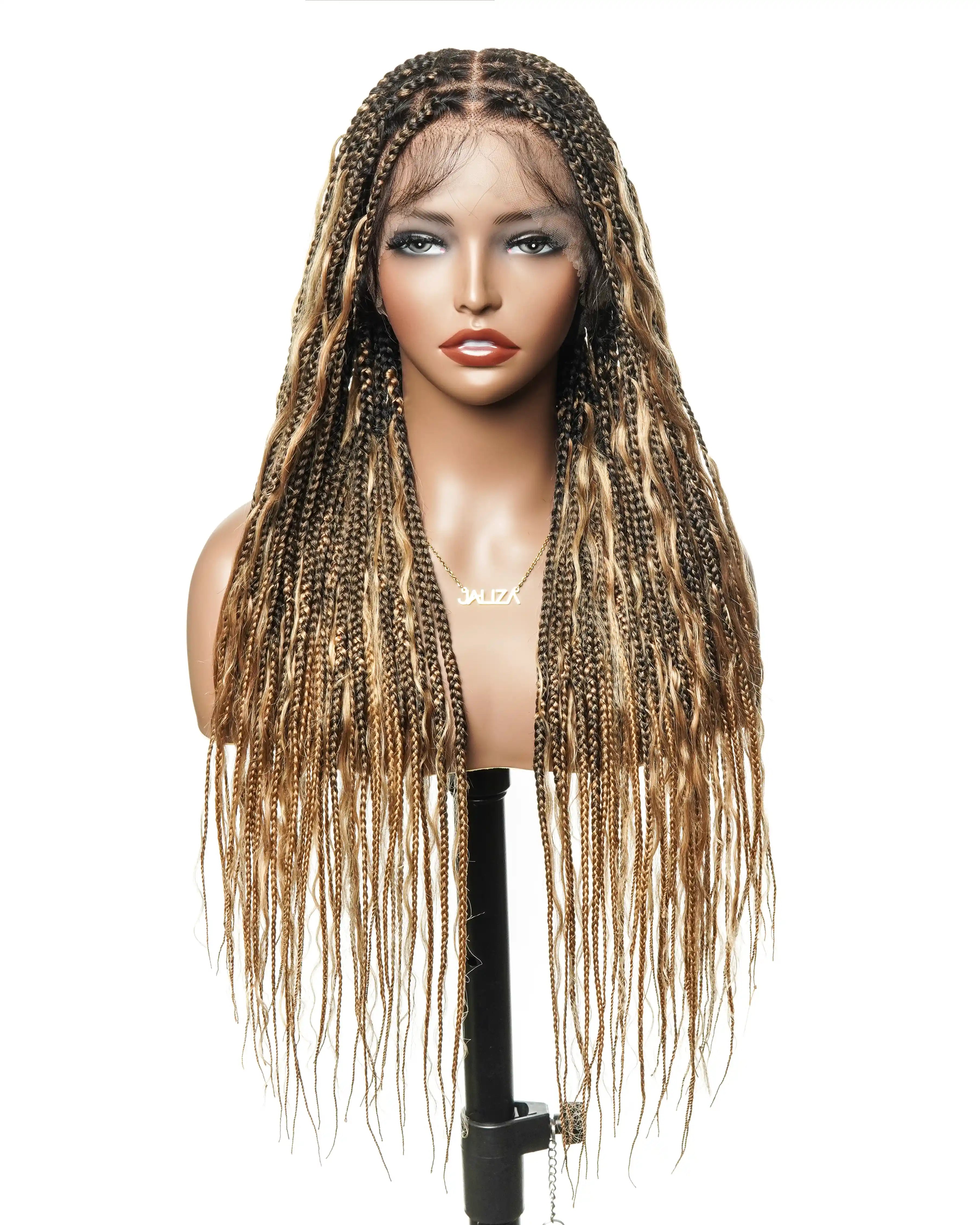 30" Pre Bleached Human Hair Lace Lightweight Human Hair Boho Curls Box Braided Wig