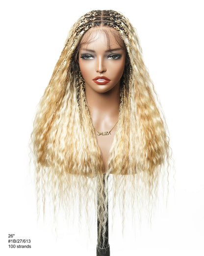 26" & 36" Super 27/613 Pre Bleached Human Hair Lace Knotless Boho Box Braided Wig Wet & Wavy