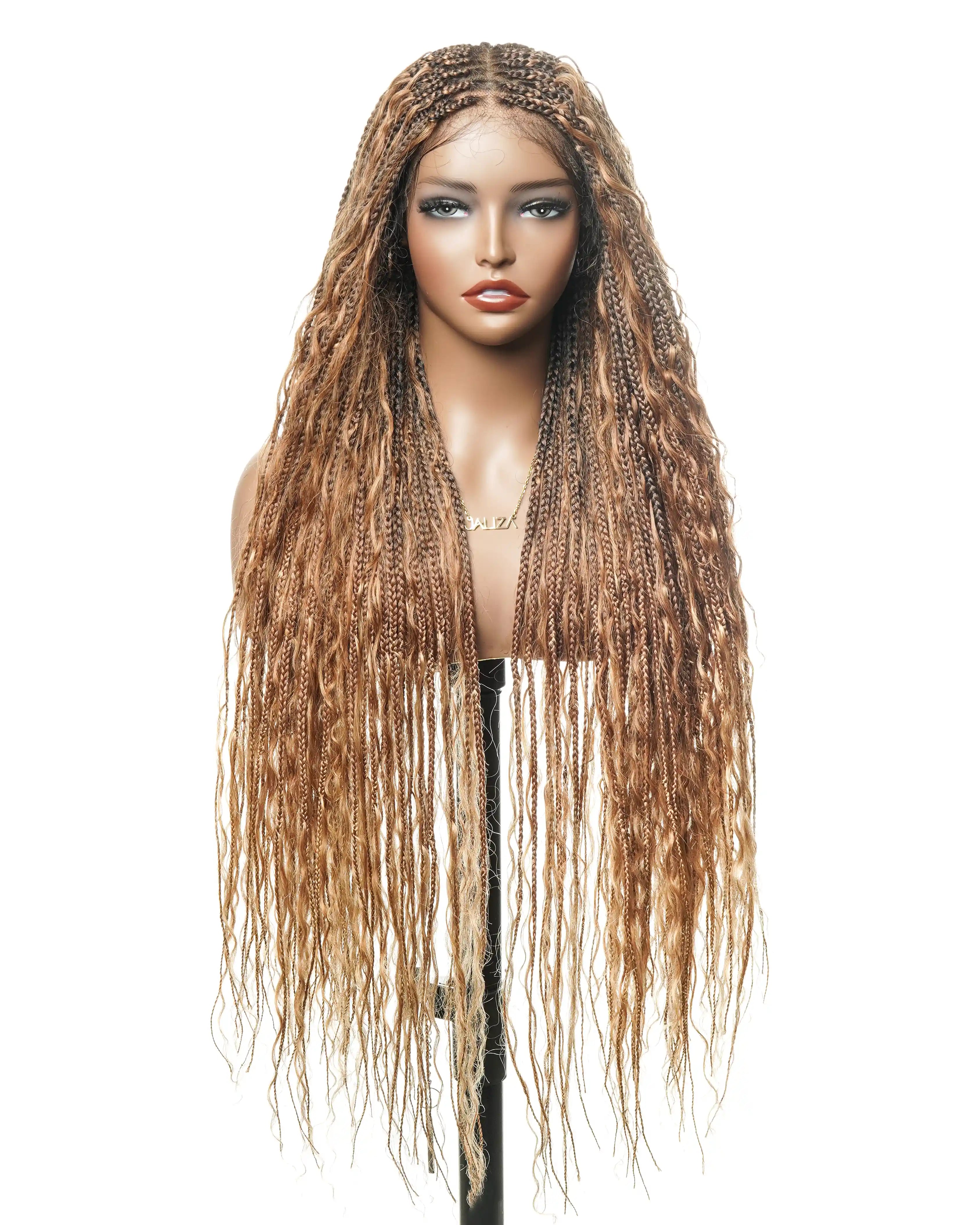 36" Blend Color #30/27 Pre Bleached HD Lace 121 Strands Super High Density Knotless Boho Box Braided Wig