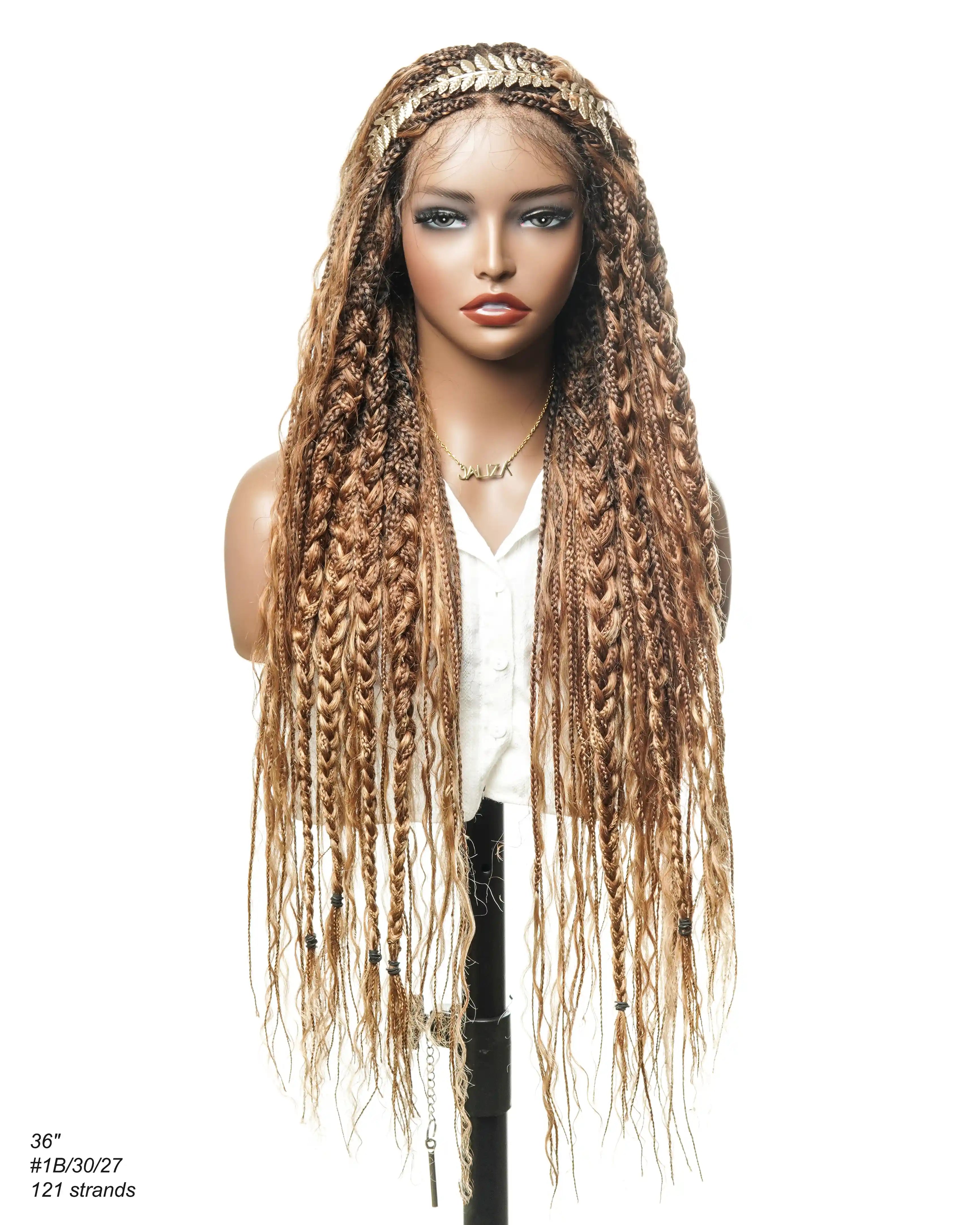 36" Blend Color #30/27 Pre Bleached HD Lace 121 Strands Super High Density Knotless Boho Box Braided Wig