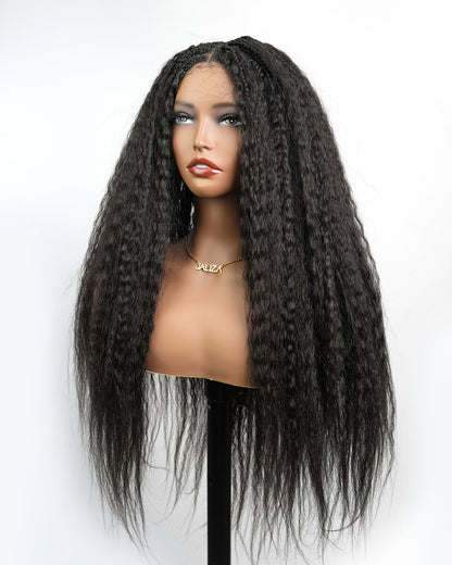 Pre Braided HD Full Lace Virgin Human Hair Ultra Full Kinky Straight 121 Strands 26" Wavy Boho Box Braided Wig