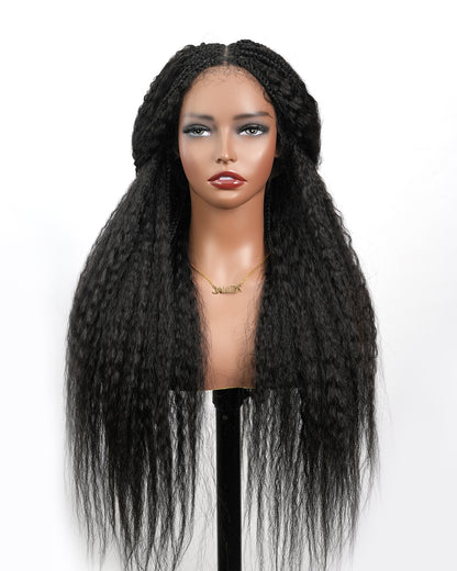 Pre Braided HD Full Lace Virgin Human Hair Ultra Full Kinky Straight 121 Strands 26" Wavy Boho Box Braided Wig