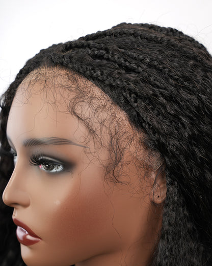 Pre Braided HD Full Lace Virgin Human Hair Ultra Full Kinky Straight 121 Strands 26" Wavy Boho Box Braided Wig