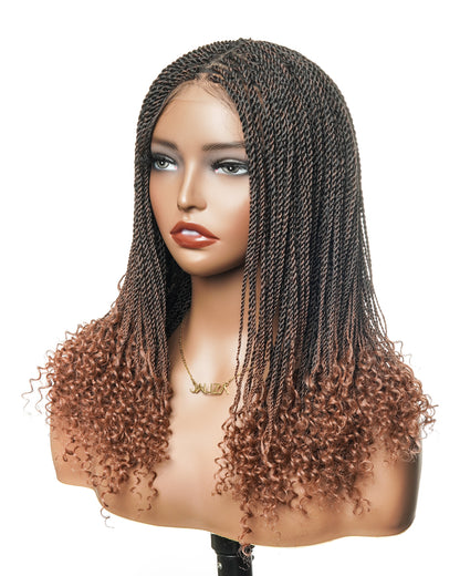 Mini Twist Braided Wig 14" Full Hand-tied HD Lace With Curly Ends - Human Baby Hair