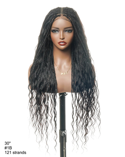 Tangleless Loose Body 42" Full Lace Knotless Boho Box Braided Wig 121 Strands - Human Hair Roots & Boho Curls & Baby Hair