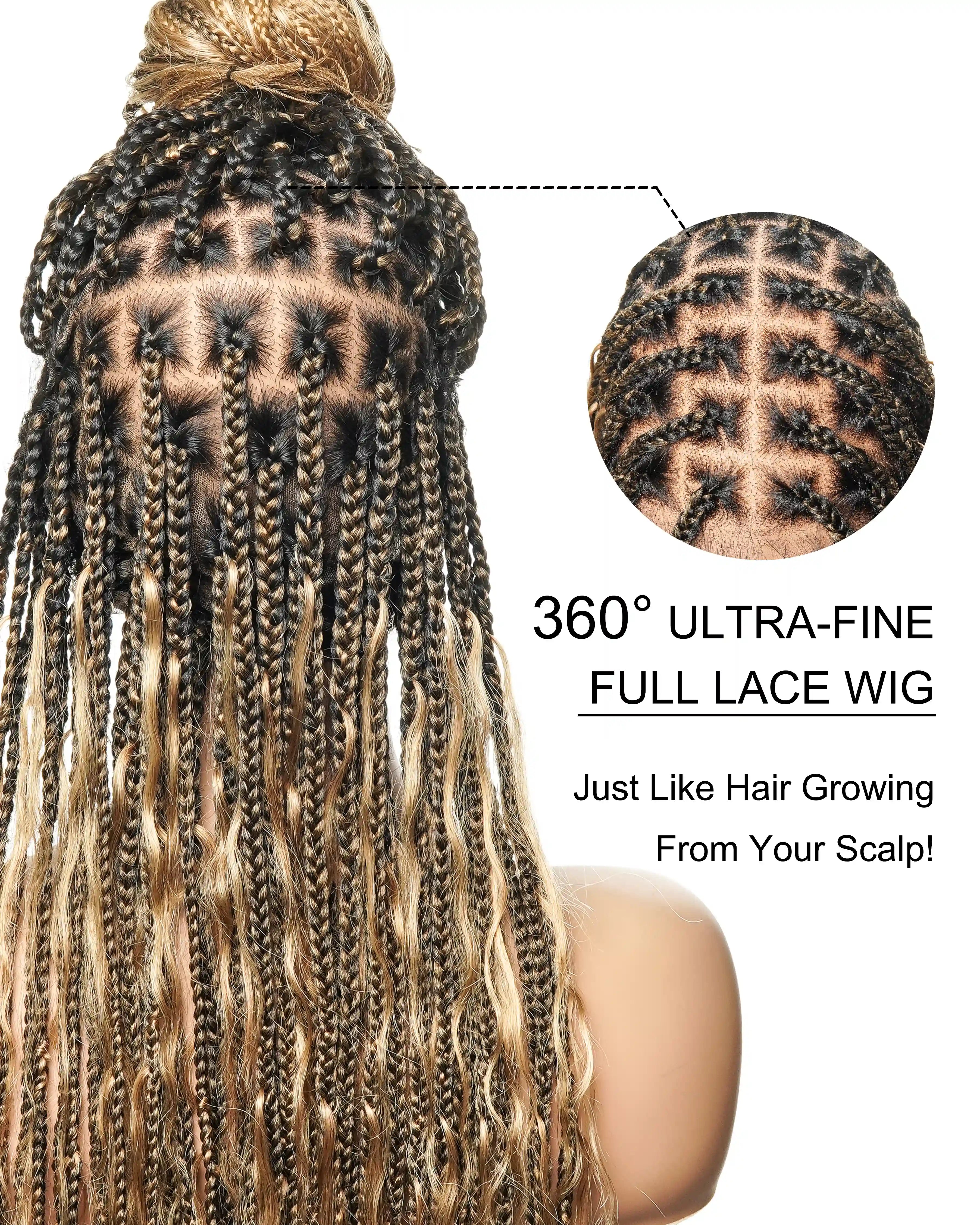 30" Pre Bleached Human Hair Lace Lightweight Human Hair Boho Curls Box Braided Wig