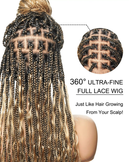 30" Pre Bleached Human Hair Lace Lightweight Human Hair Boho Curls Box Braided Wig