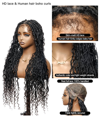 Locs Wig with Human Hair Boho Curls and Human Baby Hair