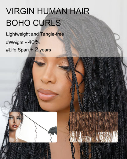 24" Human Hair Curls HD Full Lace Glueless Super Lightweight Boho Box Braided Wig (No Curly End)