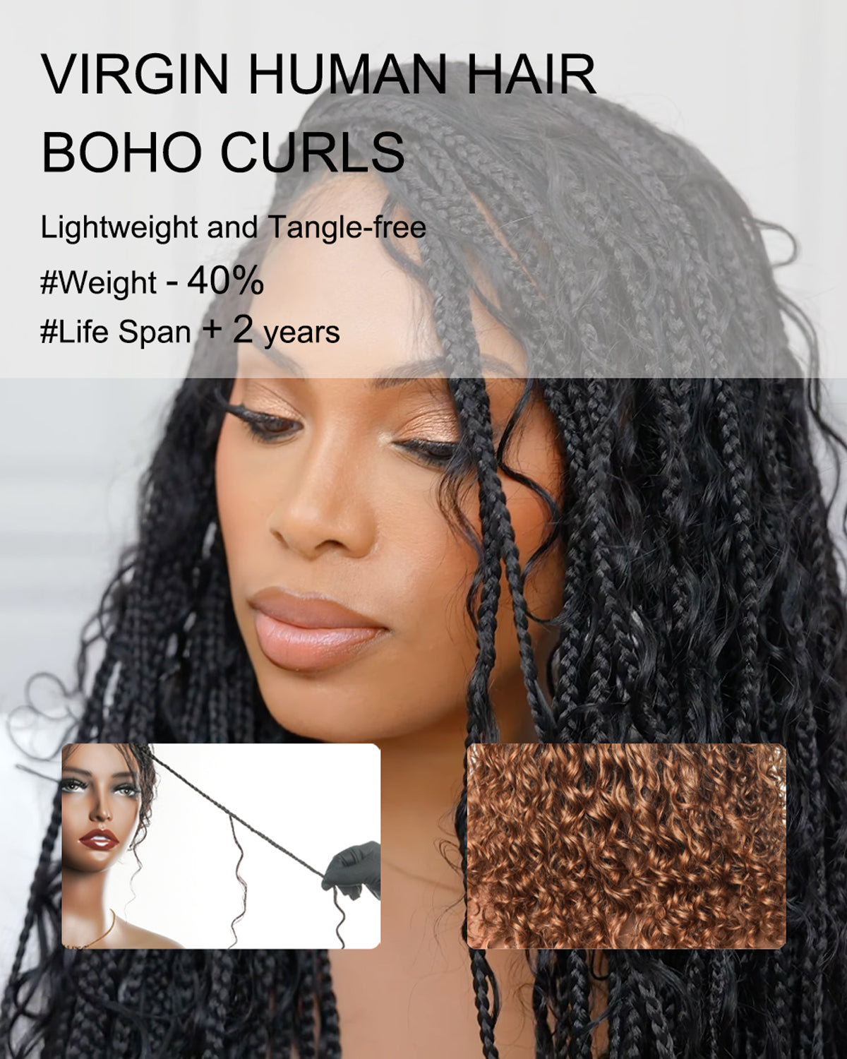 16" Human Hair Boho Curls Box Braided Wig （One of a kind）