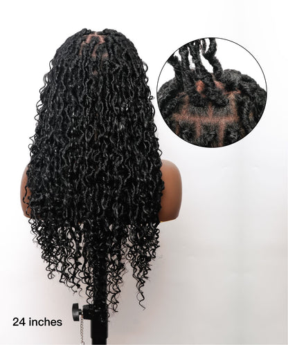 Perruque tressée de style Boho Locs 32 pouces, dentelle HD entièrement nouée à la main, 65 brins - Cheveux de bébé bouclés naturels.