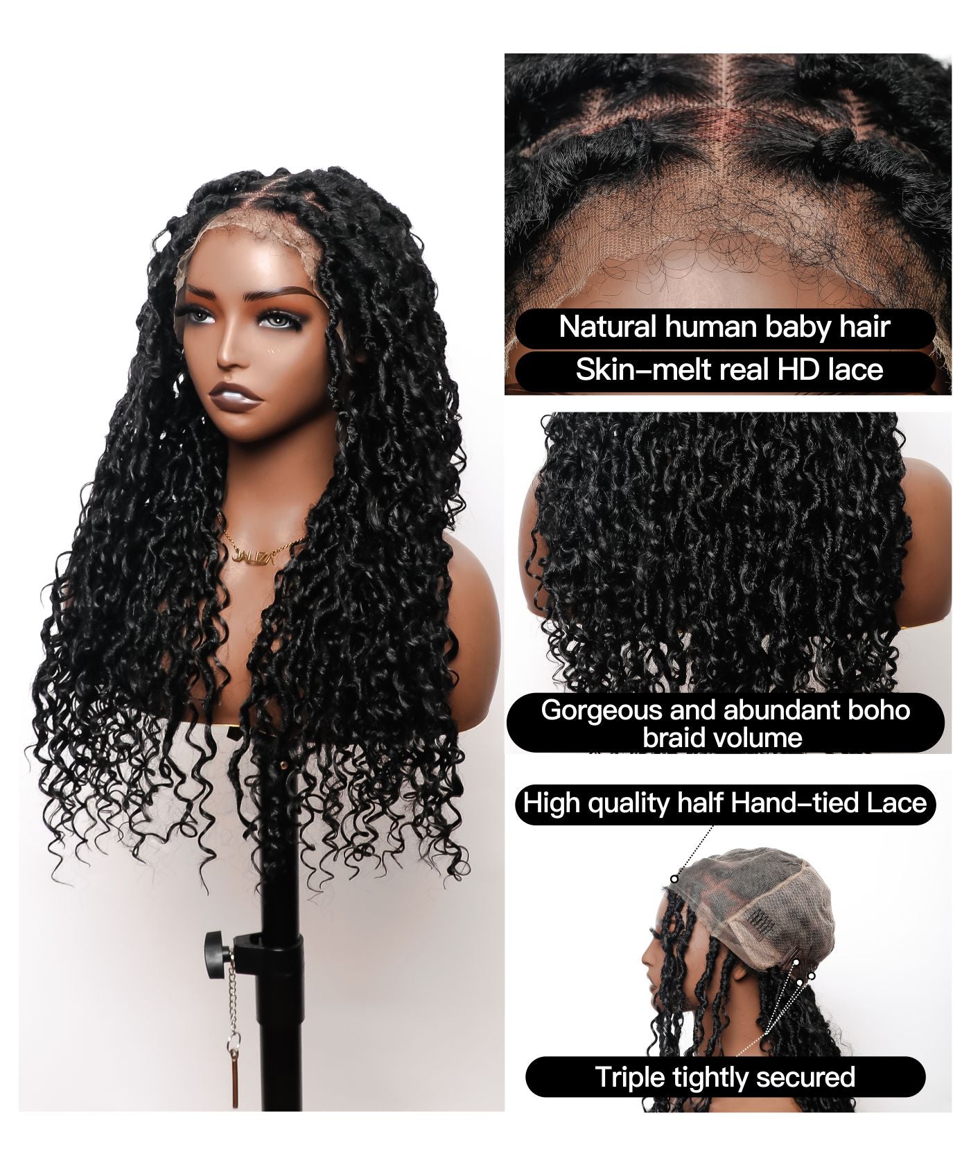 Perruque tressée de style Boho Locs 32 pouces, dentelle HD entièrement nouée à la main, 65 brins - Cheveux de bébé bouclés naturels.