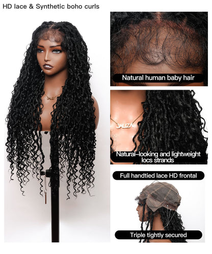 Boho Style Locs Braided Wig Full Hand-tied HD Lace 65 Strands - Human Baby Hair