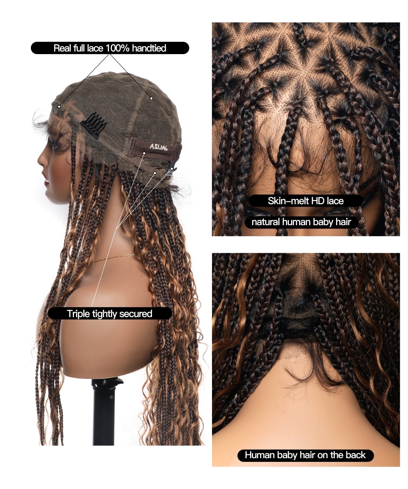 Tangleless Human Hair Boho Curls HD Lace Knotless Box Braided Wig Full Hand-tied - Human Baby Hair