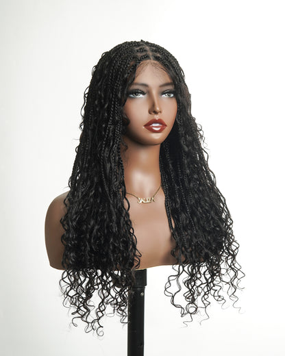 Glueless 24" Pre Cut HD Full Lace Lightweight Ready-To-Go Box Braided Wig with Human Hair Boho Curls