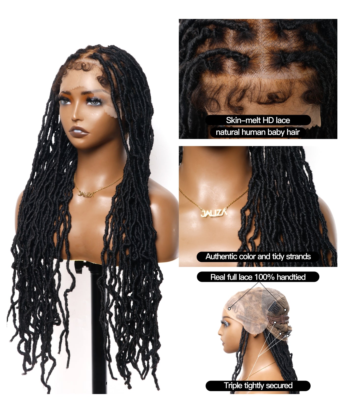 Perruque tressée de style Boho Locs 32 pouces, dentelle HD entièrement nouée à la main, 65 brins - Cheveux de bébé bouclés naturels.