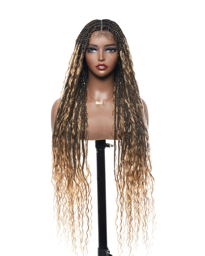 36" Human Hair Boho Curls HD Lace Knotless Box Braided Wig Full Hand-tied - Human Baby Hair