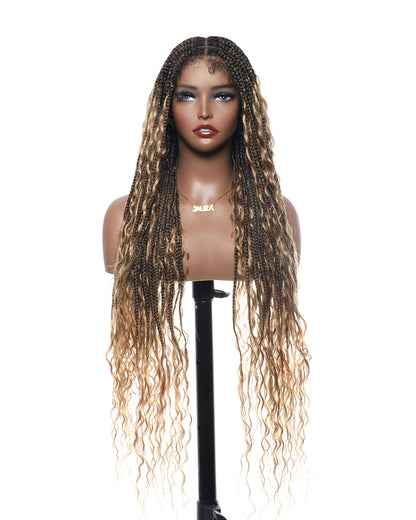 36" Human Hair Boho Curls HD Lace Knotless Box Braided Wig Full Hand-tied - Human Baby Hair