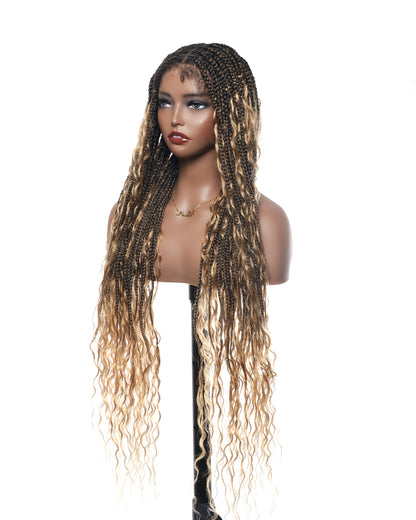 36" Human Hair Boho Curls HD Lace Knotless Box Braided Wig Full Hand-tied - Human Baby Hair