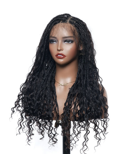 24" HD Lace Lightweight Tangleless Human Hair curls Full Hand Tied Boho Box Braided Wig