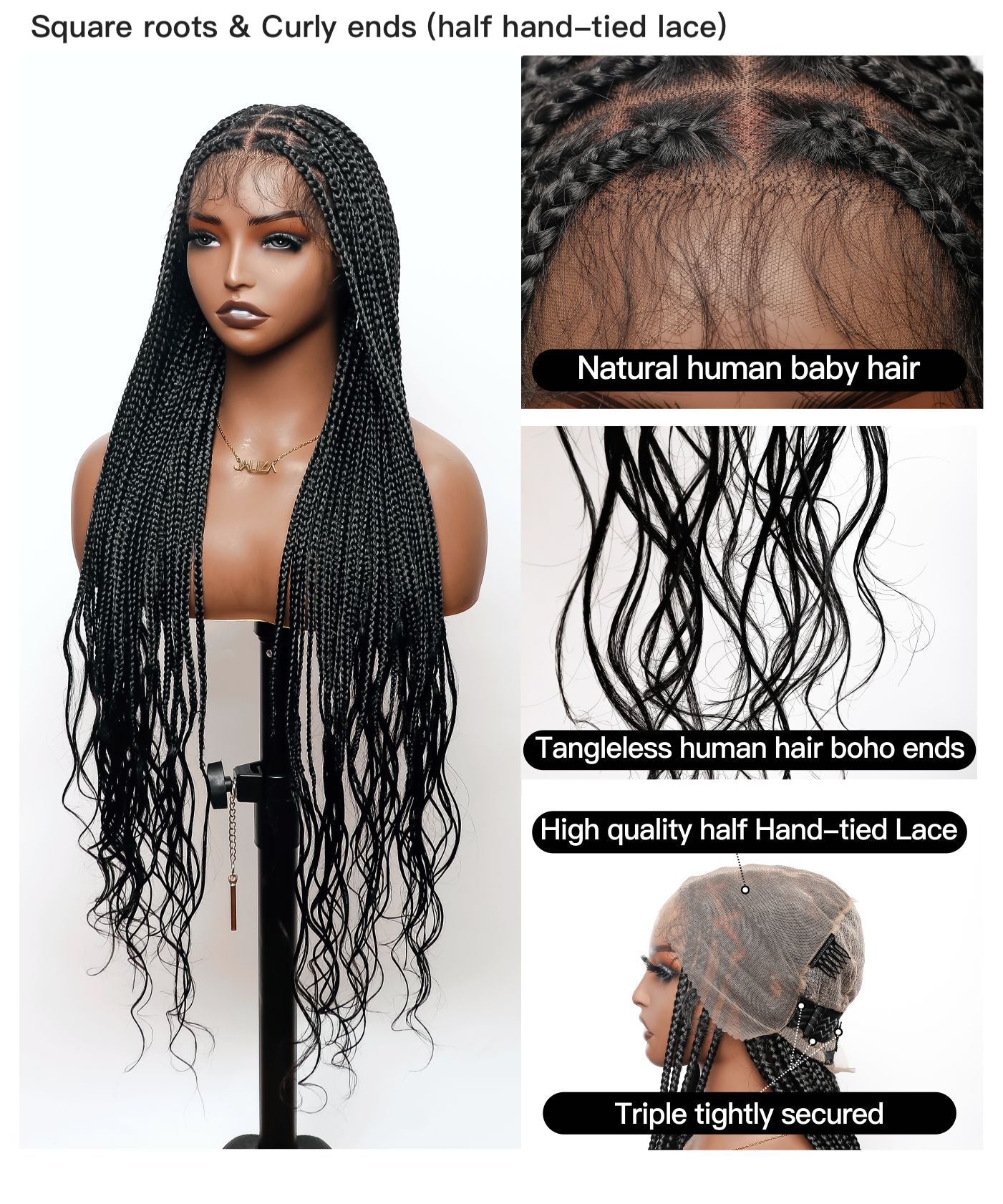 Human Hair Boho Curly Ends Knotless Box Braided Wig 36" Full Lace 100% Hand-tied - Human Baby Hair