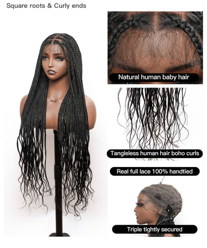 Human Hair Boho Curly Ends Knotless Box Braided Wig 36" Full Lace 100% Hand-tied - Human Baby Hair