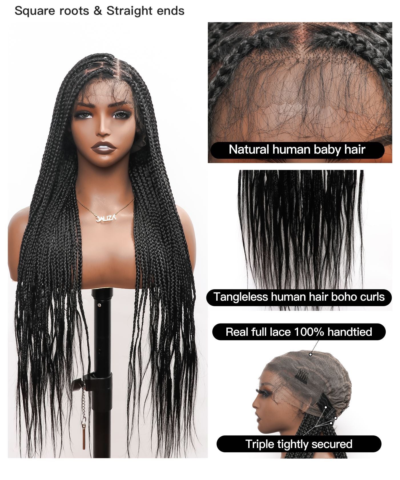 Human Hair Boho Curly Ends Knotless Box Braided Wig 36" Full Lace 100% Hand-tied - Human Baby Hair