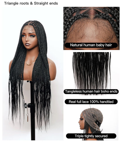 Human Hair Boho Curly Ends Knotless Box Braided Wig 36" Full Lace 100% Hand-tied - Human Baby Hair