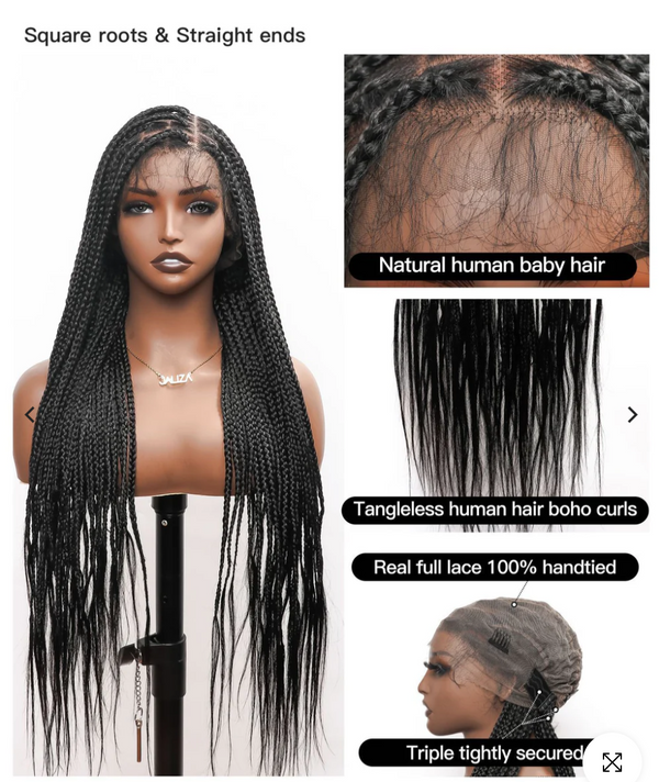 Custom order: 19.5" cap size 36" square base box braided wig with straight human hair ends 79 strands