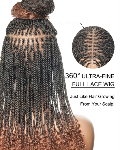 Mini Twist Braided Wig 14" Full Hand-tied HD Lace With Curly Ends - Human Baby Hair