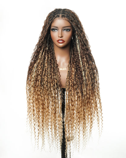 Extra Full Density HD Full Lace Blend Color 1B 30 27 613 Human Hair Boho Style Boho Box Braided Wig 100 Strands (Scheduled to ship on February 15th)