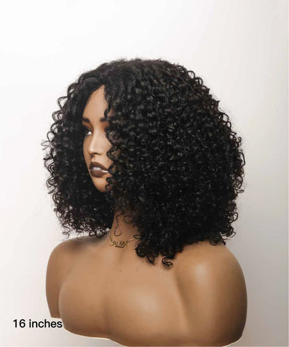 16" Glueless Afro Curly 100% Virgin Hair Invisible Lace Bob Wig