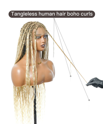 Tangleless 36" #27/613 Knotless Boho Box Braided Wig Human Hair Boho Curls 86 Strands