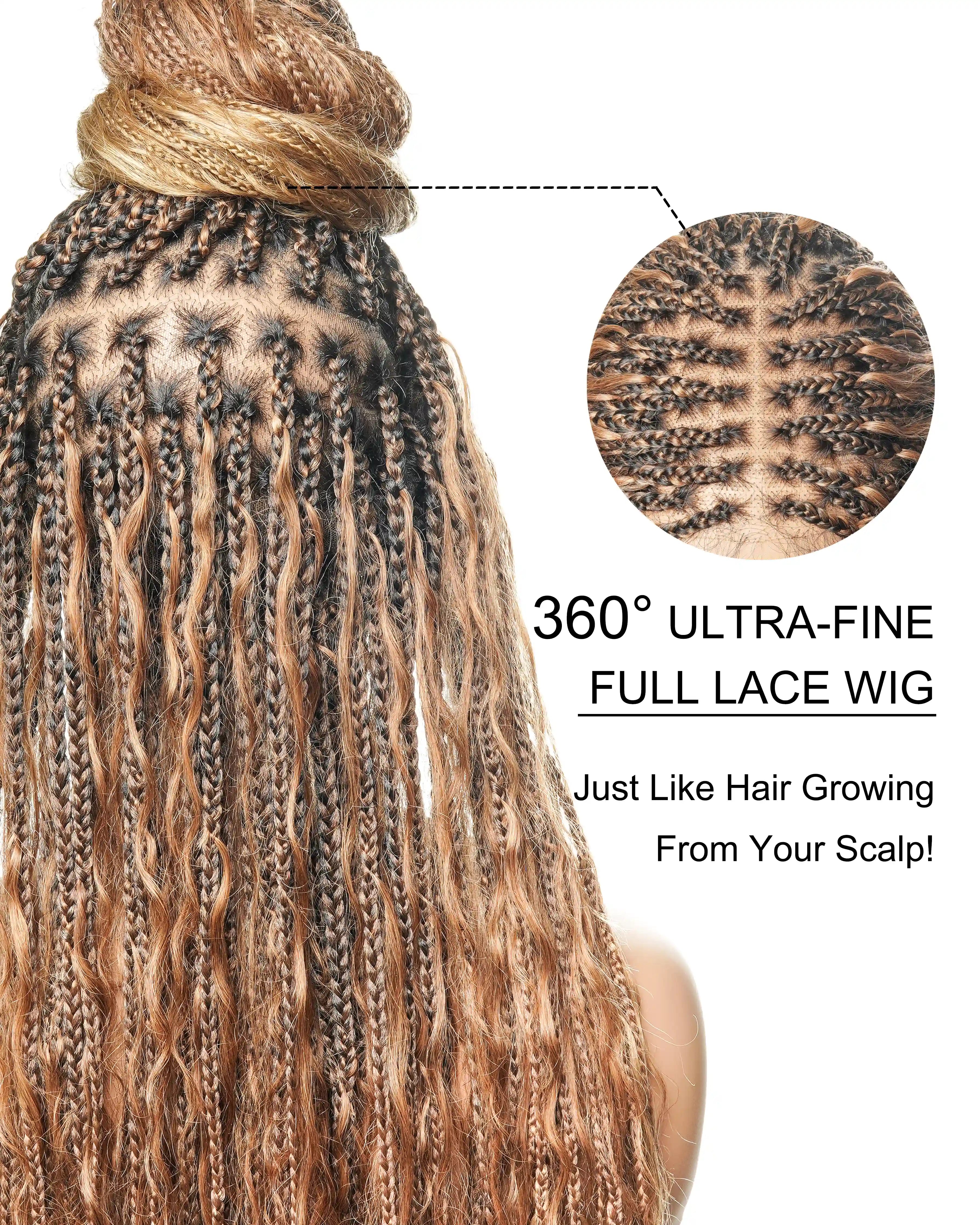 36" Blend Color #30/27 Pre Bleached HD Lace 121 Strands Super High Density Knotless Boho Box Braided Wig