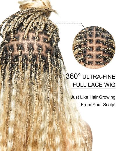 26" & 36" Super 27/613 Pre Bleached Human Hair Lace Knotless Boho Box Braided Wig Wet & Wavy