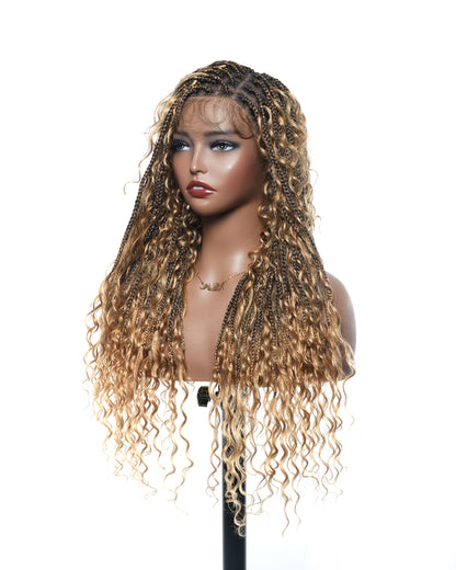 Glueless 24" Pre Cut HD Full Lace Lightweight Ready-To-Go Box Braided Wig with Human Hair Boho Curls