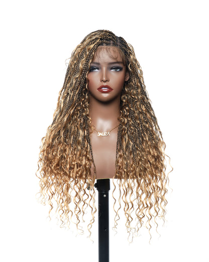 Glueless 24" Pre Cut HD Full Lace Lightweight Ready-To-Go Box Braided Wig with Human Hair Boho Curls