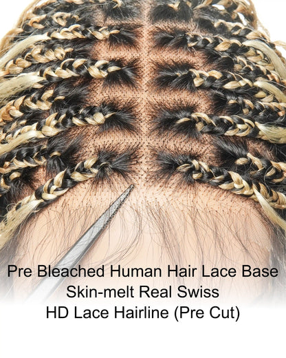 26" & 36" Super 27/613 Pre Bleached Human Hair Lace Knotless Boho Box Braided Wig Wet & Wavy