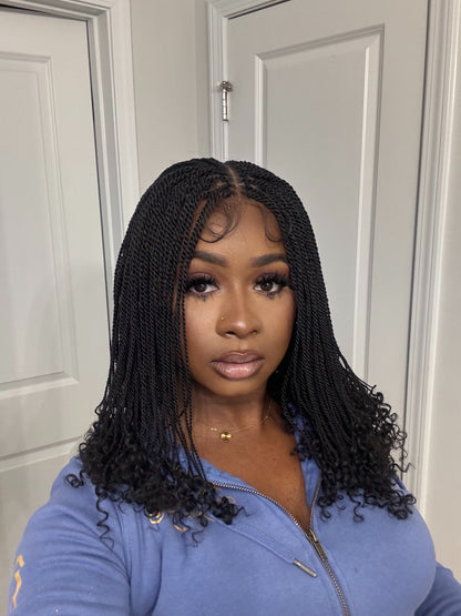 Senegalese Mini Twist Braided Wig 14" Full Hand-tied HD Lace With Curly Ends - Human Baby Hair