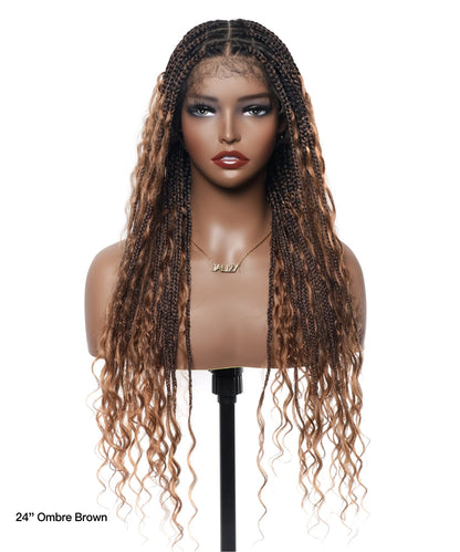 24" Human Hair Boho Box Braided Wig HD Full Lace Lightweight 79 Strands 1 Boho Curl and 1 Boho End