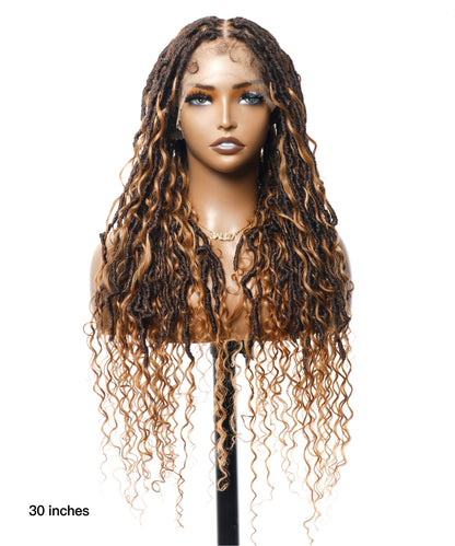 Pre Bleached Human Hair Lace Tangleless Boho Locs Braided Wig 30“ Human Hair Boho Curls