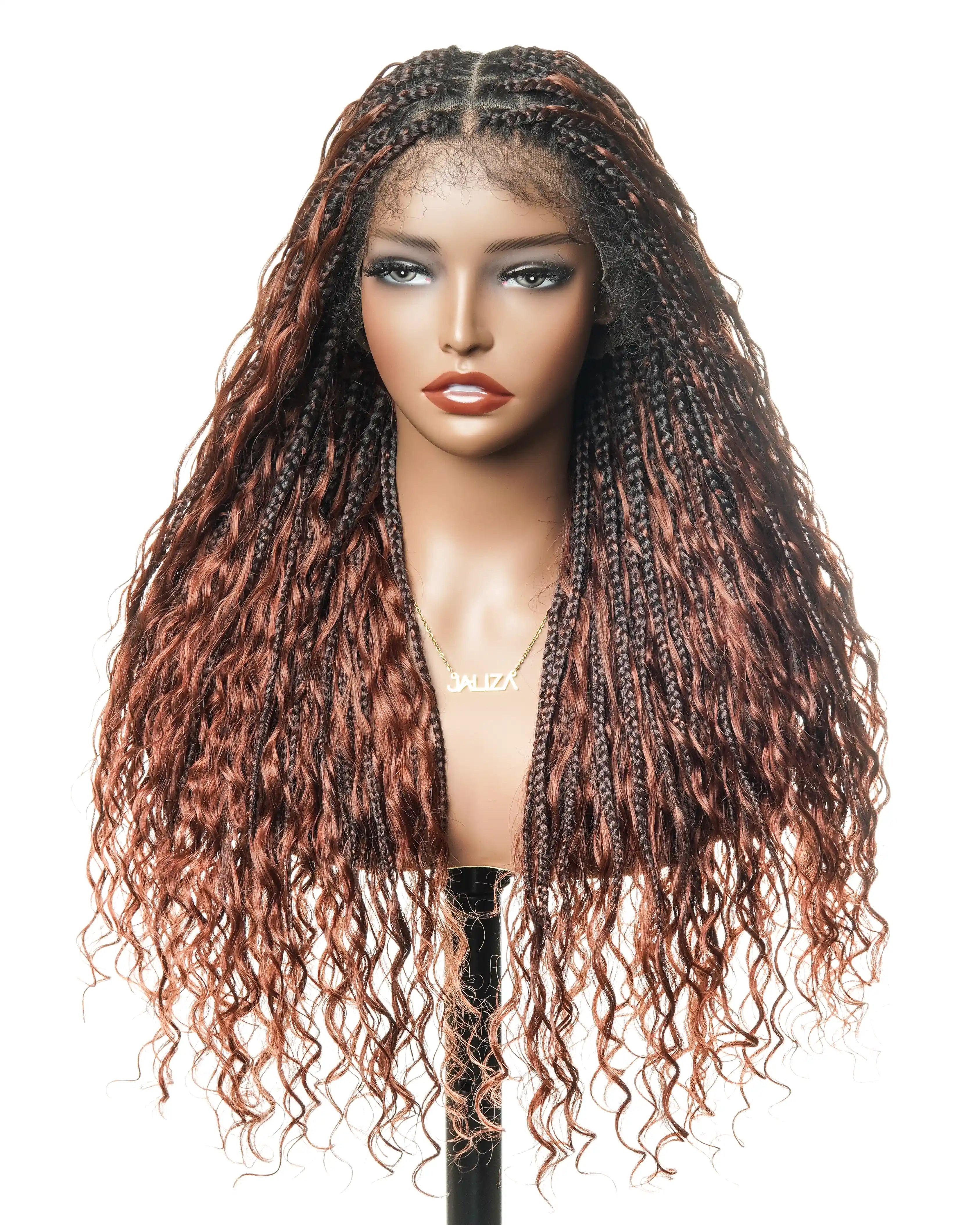 Ultra Full 28" Human Hair Dark Auburn Brown #33 Culrs HD Full Lace Knotless Boho Box Braided Wig