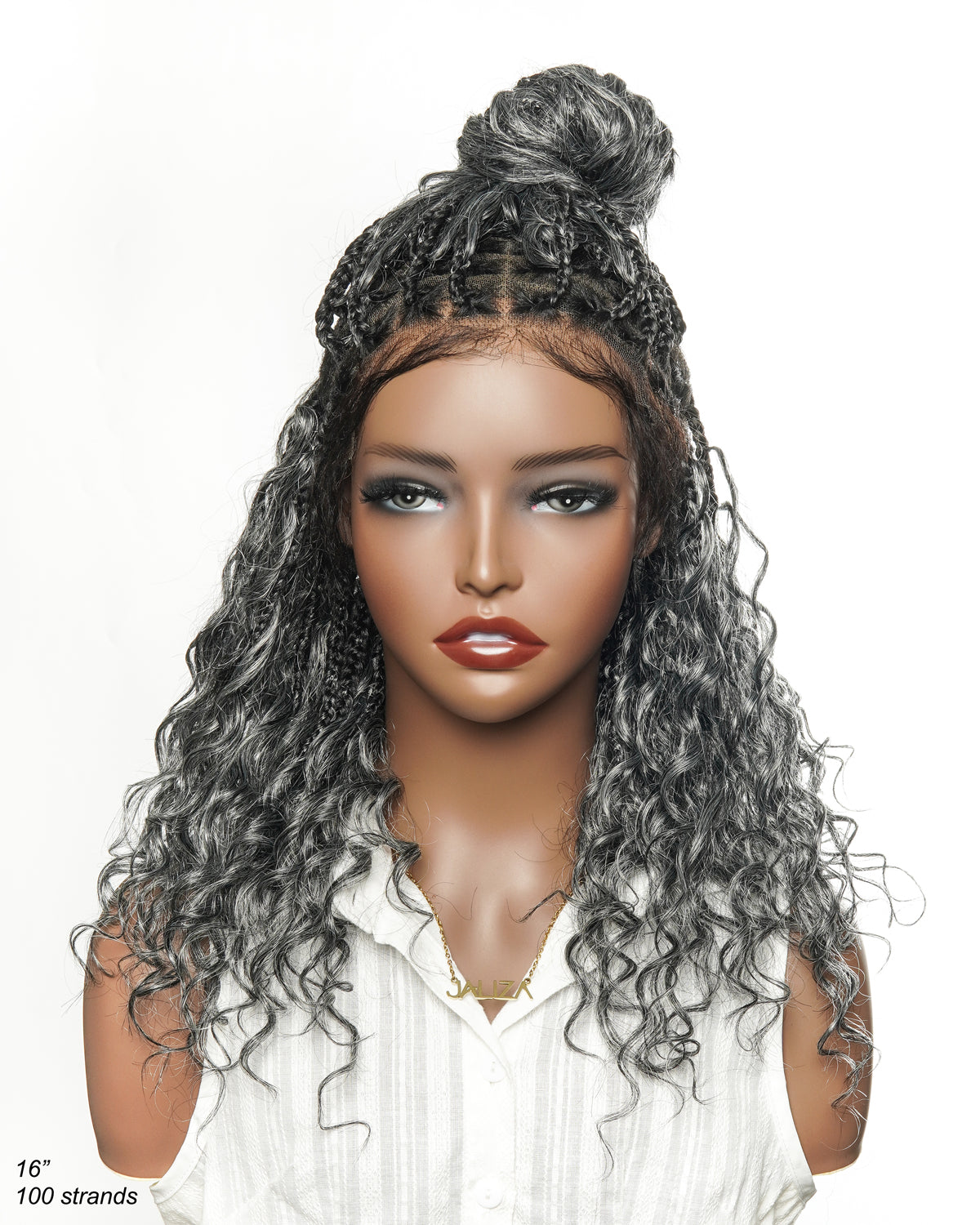 Salt & Pepper 16" HD Full Lace Boho Braided Wig with Tangle-Free Human Hair & Synthetic Blend Curls